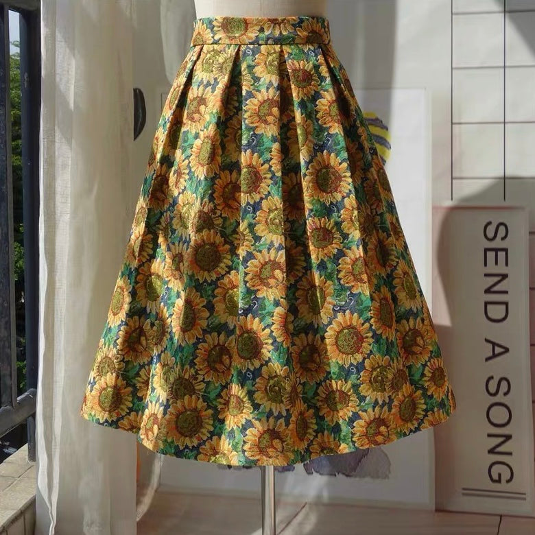 Sunflower Jacquard Midi Skirt (Blue/Yellow)