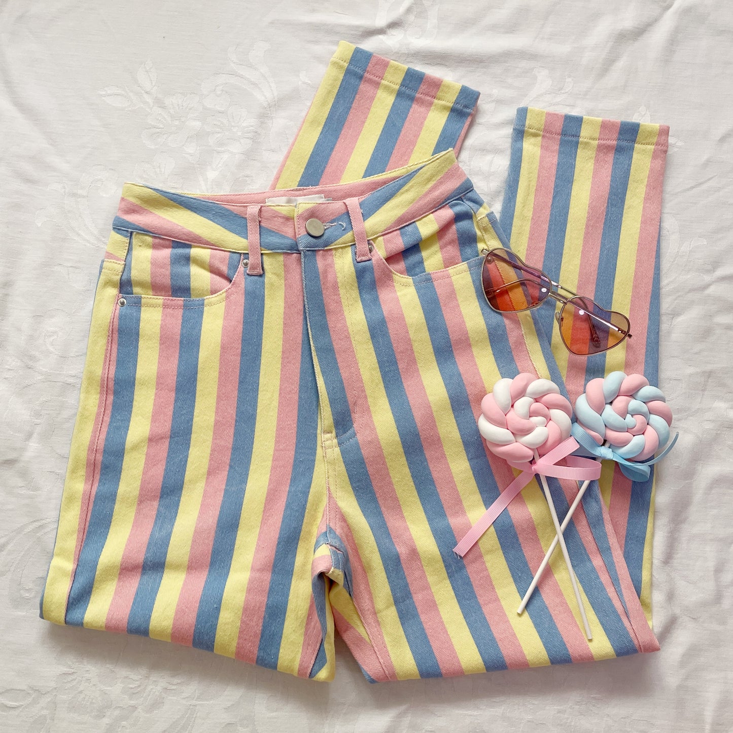 Candy Pastel Stripe Mom Jeans (Blue/Pink/Yellow)