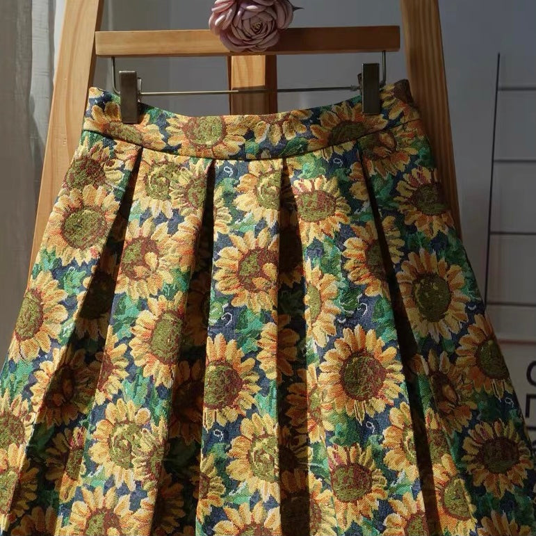 Sunflower Jacquard Midi Skirt (Blue/Yellow)