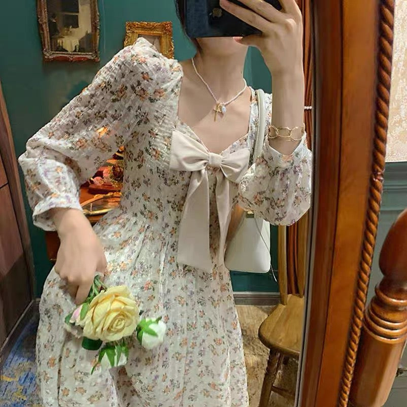Sweet Bow Floral Midi Dress (Cream)